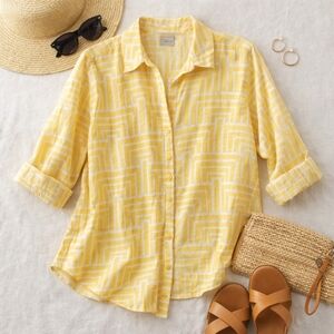 Chicos Yellow White Linen 3/4 Sleeve Button Up Casual Shirt. Chicos 2 (12)